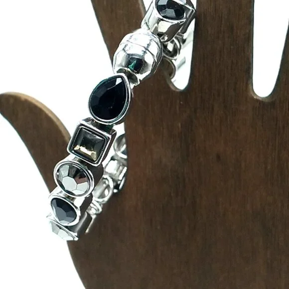 Black and Gray Crystal Stackable Silver-tone Bracelet Magnetic Clasp - Picture 7 of 11